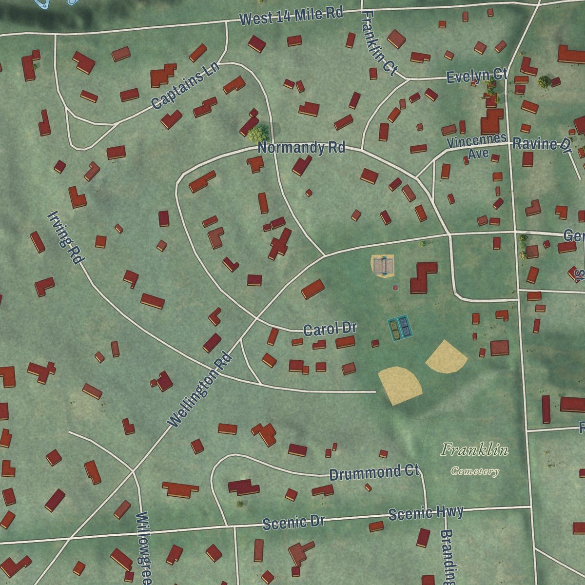 Second close-up of the map of Franklin, Oakland County, Michigan print showing more streets and buildings