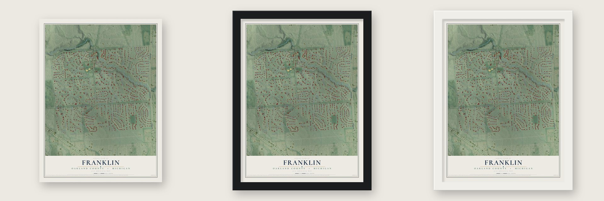 Franklin, Oakland County, Michigan map unframed, in a black wood frame and in a white wood frame