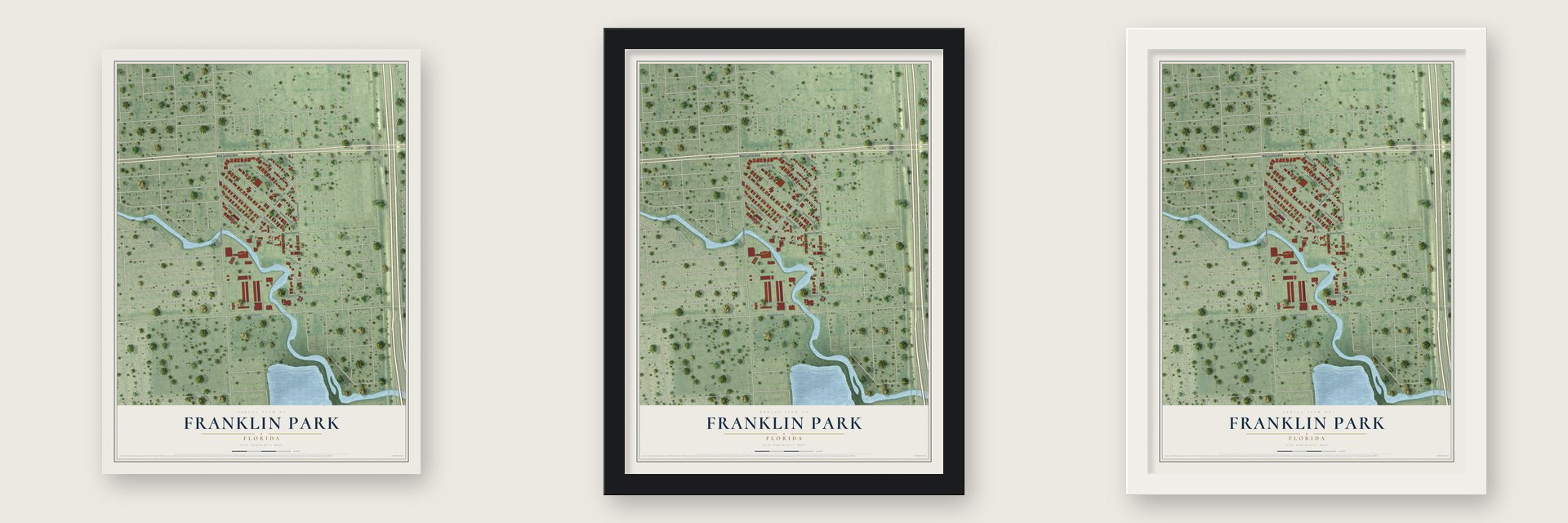 Franklin Park, Florida map unframed, in a black wood frame and in a white wood frame