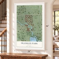 Franklin Park, Florida map, 24 x 36 inch print in a white frame by a staircase