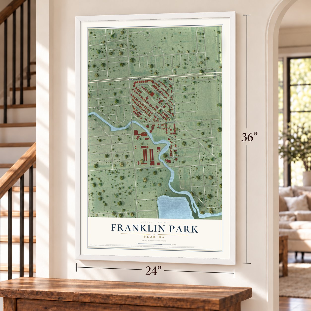 Franklin Park, Florida map, 24 x 36 inch print in a white frame by a staircase