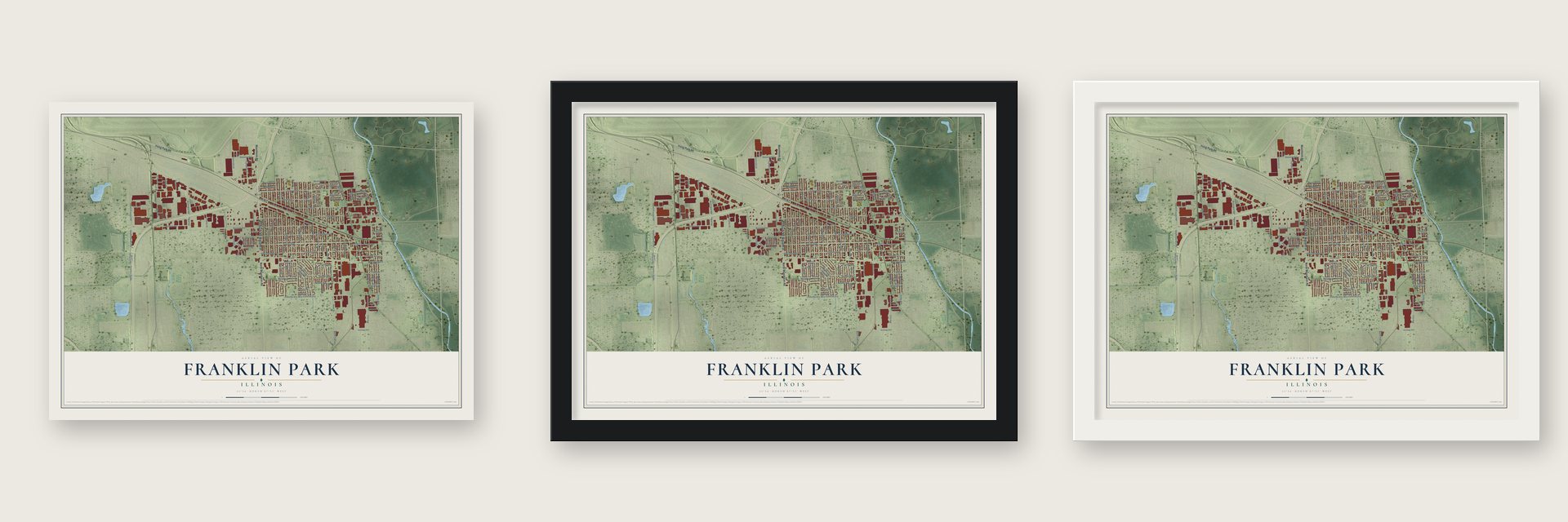 Franklin Park, Illinois map unframed, in a black wood frame and in a white wood frame