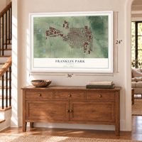 Franklin Park, Illinois map, 24 x 36 inch print in a white frame above a dresser by a staircase