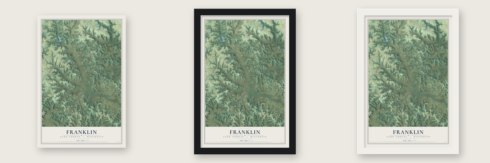 Franklin, Sauk County, Wisconsin map unframed, in a black wood frame and in a white wood frame