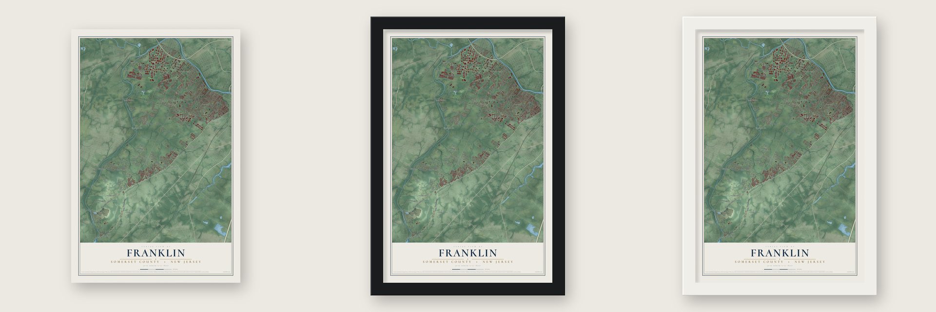 Franklin, Somerset County, New Jersey map unframed, in a black wood frame and in a white wood frame