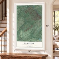 Franklin, Somerset County, New Jersey map, 24 x 36 inch print in a white frame by a staircase