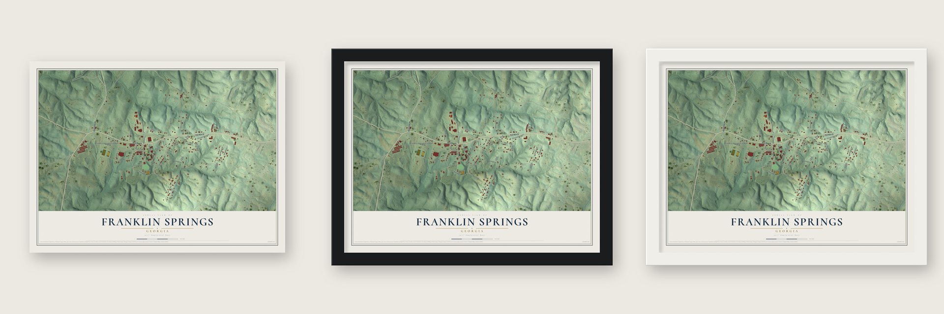 Franklin Springs, Georgia map unframed, in a black wood frame and in a white wood frame