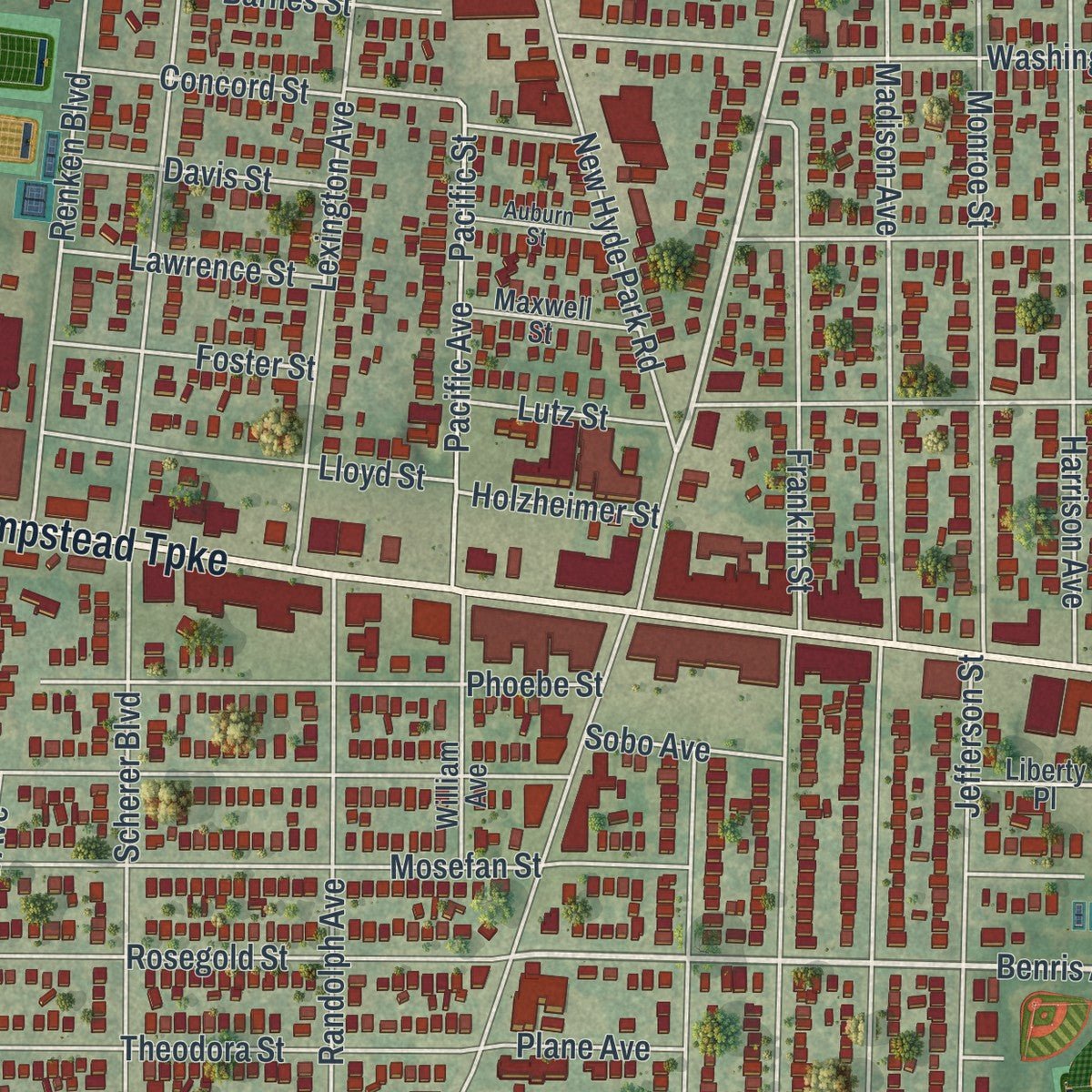Second close-up of the map of Franklin Square, New York print showing more streets and buildings