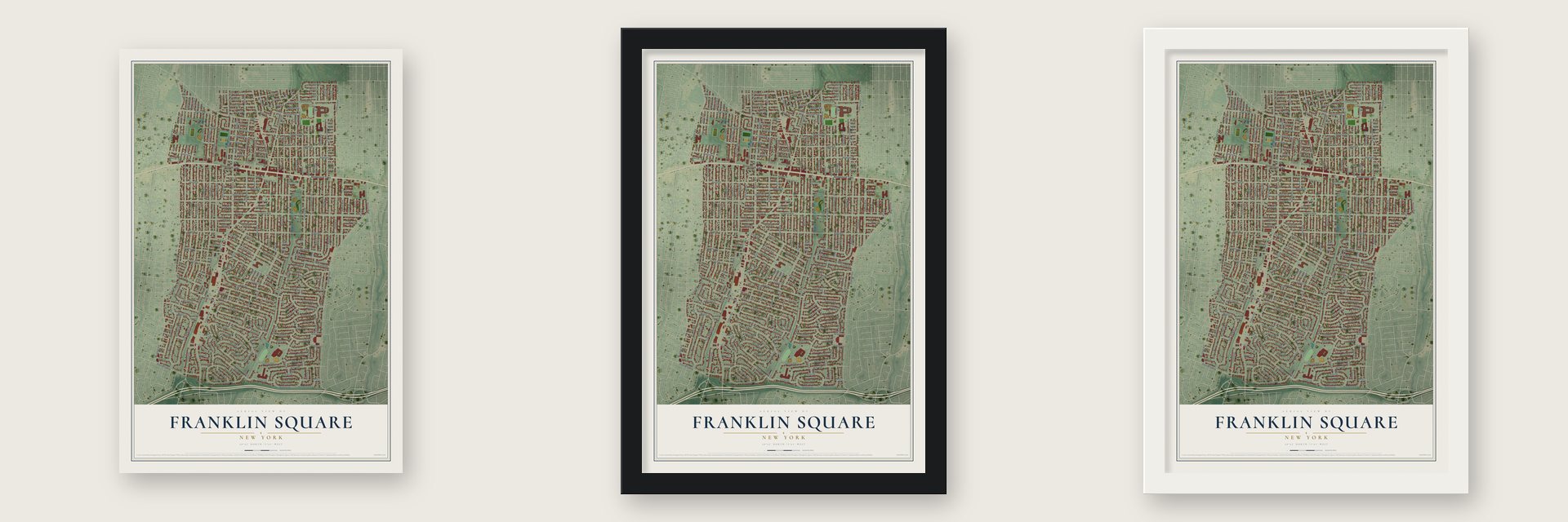 Franklin Square, New York map unframed, in a black wood frame and in a white wood frame