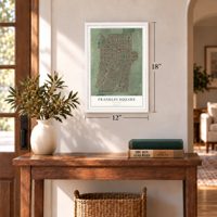 Franklin Square, New York map, 12 x 18 inch print in a white frame in an entryway