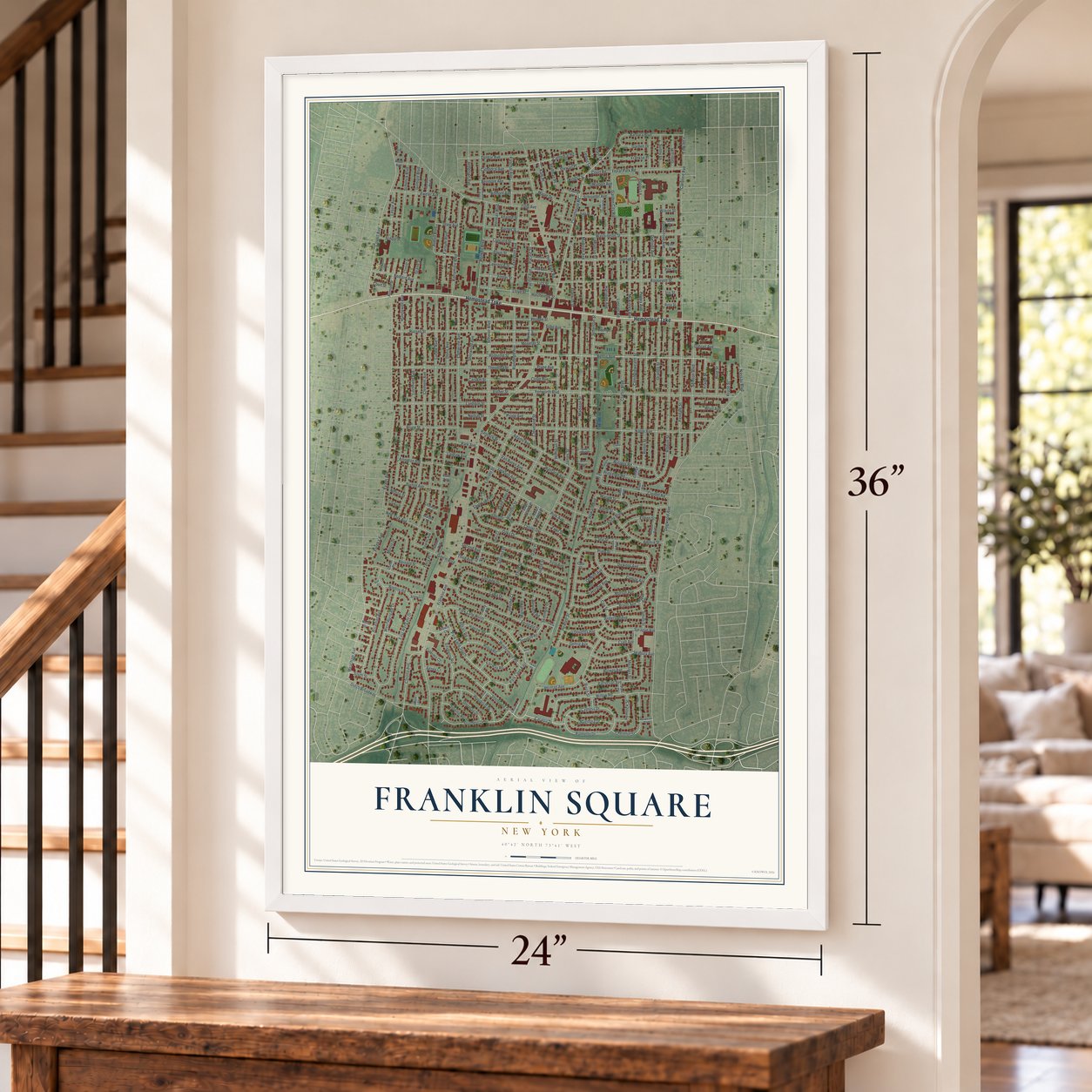 Franklin Square, New York map, 24 x 36 inch print in a white frame by a staircase