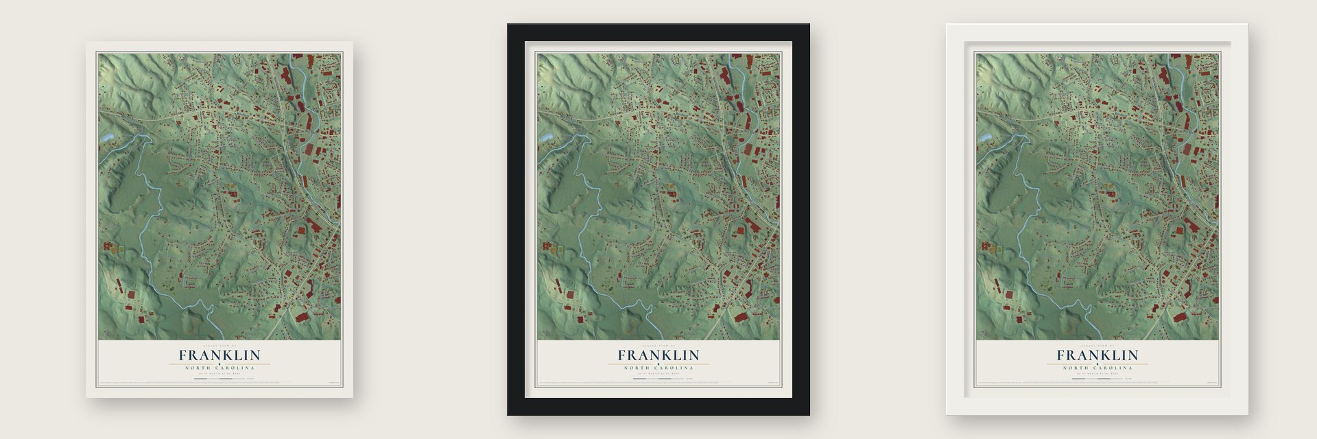Franklin, Surry County, North Carolina map unframed, in a black wood frame and in a white wood frame