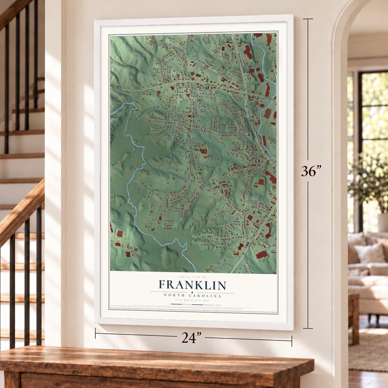 Franklin, Surry County, North Carolina map, 24 x 36 inch print in a white frame by a staircase