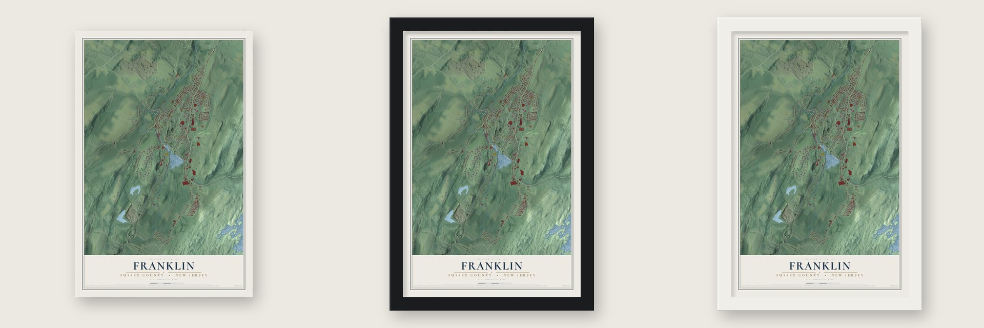 Franklin, Sussex County, New Jersey map unframed, in a black wood frame and in a white wood frame