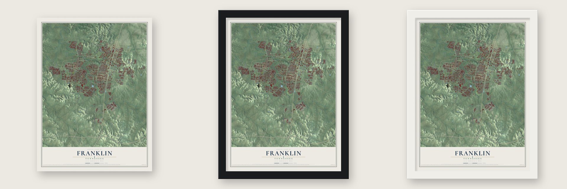 Franklin, Tennessee map unframed, in a black wood frame and in a white wood frame
