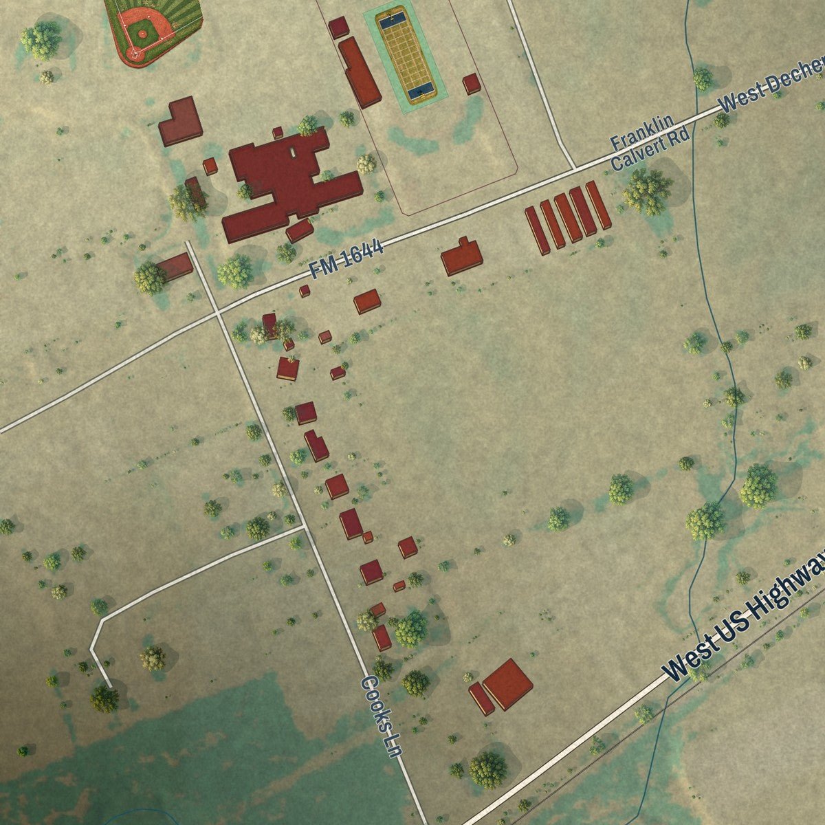 Second close-up of the map of Franklin, Texas print showing more streets and buildings