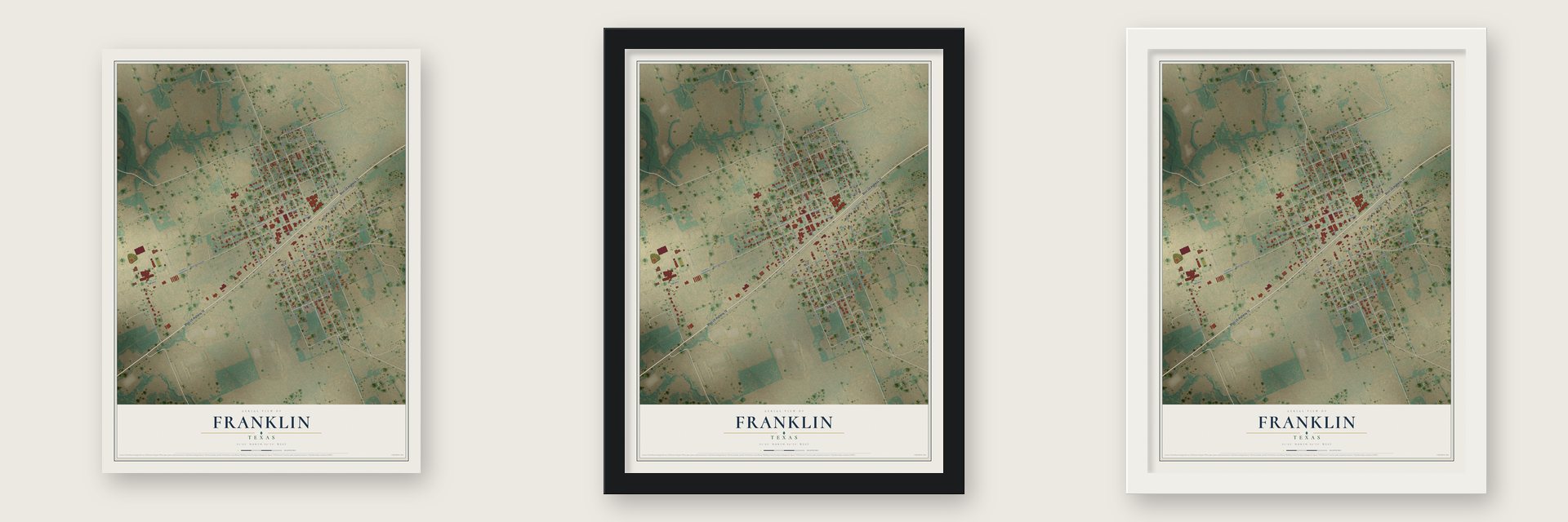 Franklin, Texas map unframed, in a black wood frame and in a white wood frame