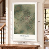 Franklin, Texas map, 24 x 36 inch print in a white frame by a staircase