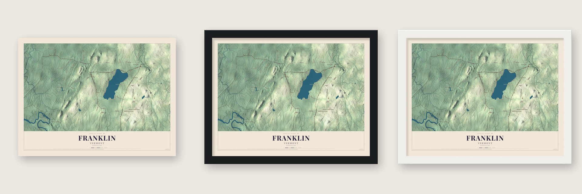 Franklin, Vermont map unframed, in a black wood frame and in a white wood frame