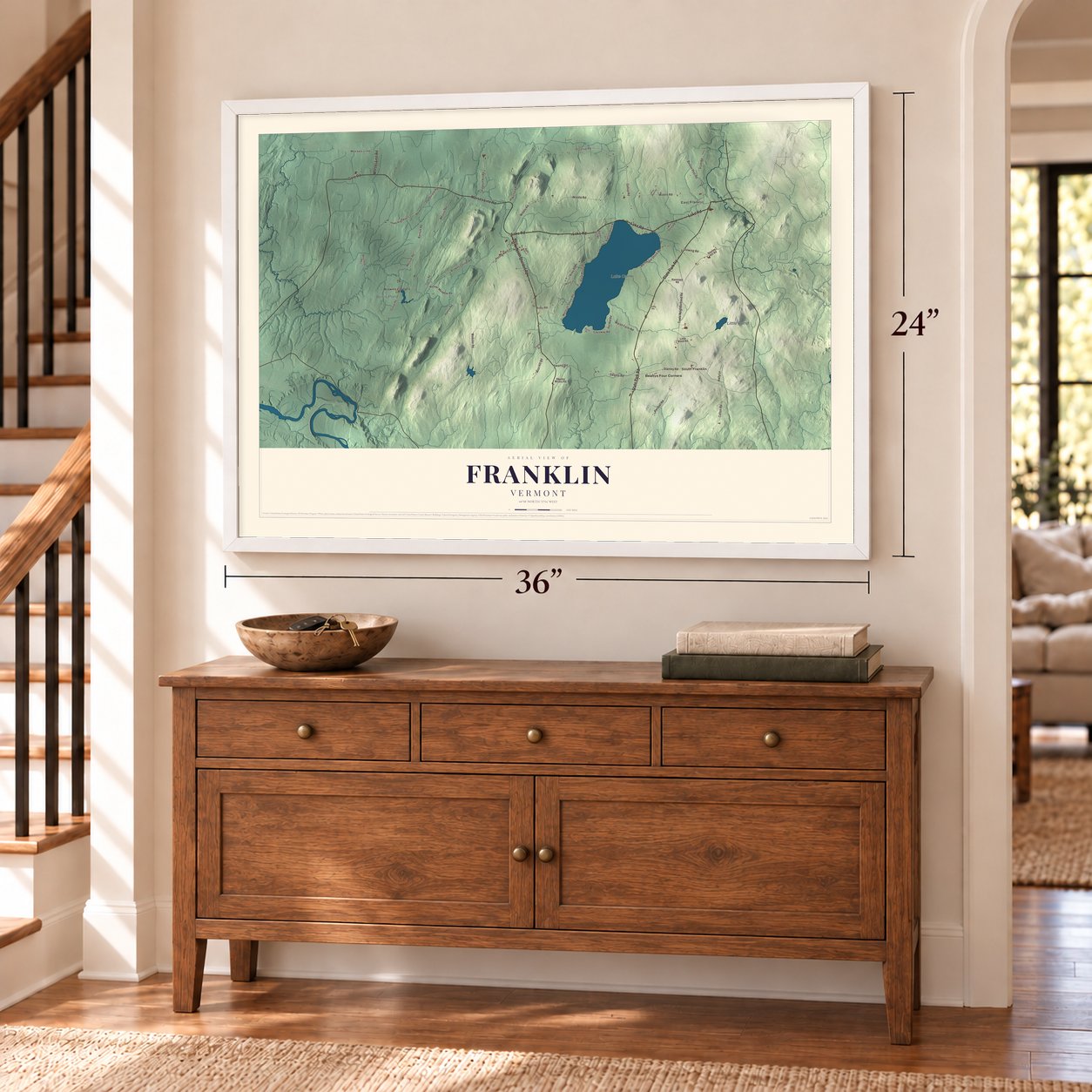 Franklin, Vermont map, 24 x 36 inch print in a white frame above a dresser by a staircase
