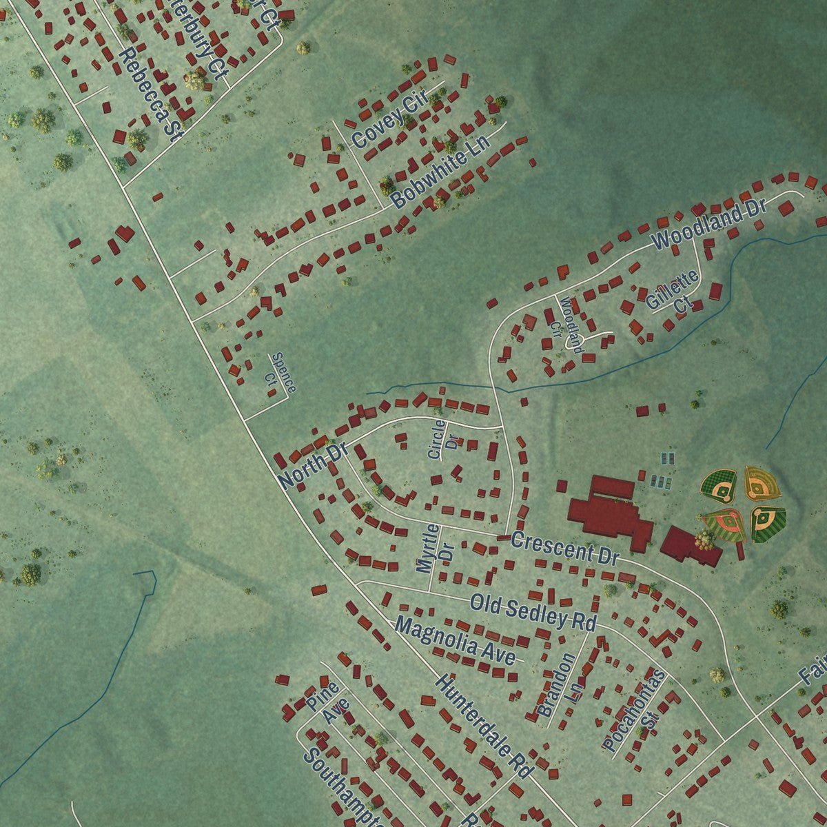 Second close-up of the map of Franklin, Virginia print showing more streets and buildings