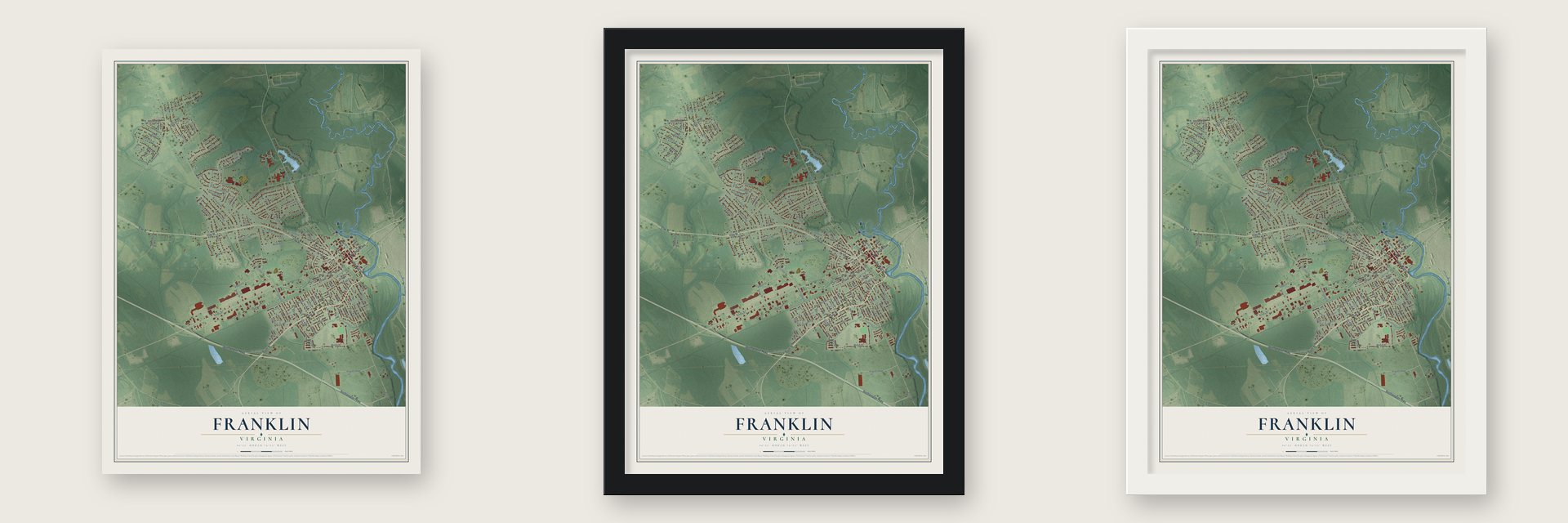 Franklin, Virginia map unframed, in a black wood frame and in a white wood frame