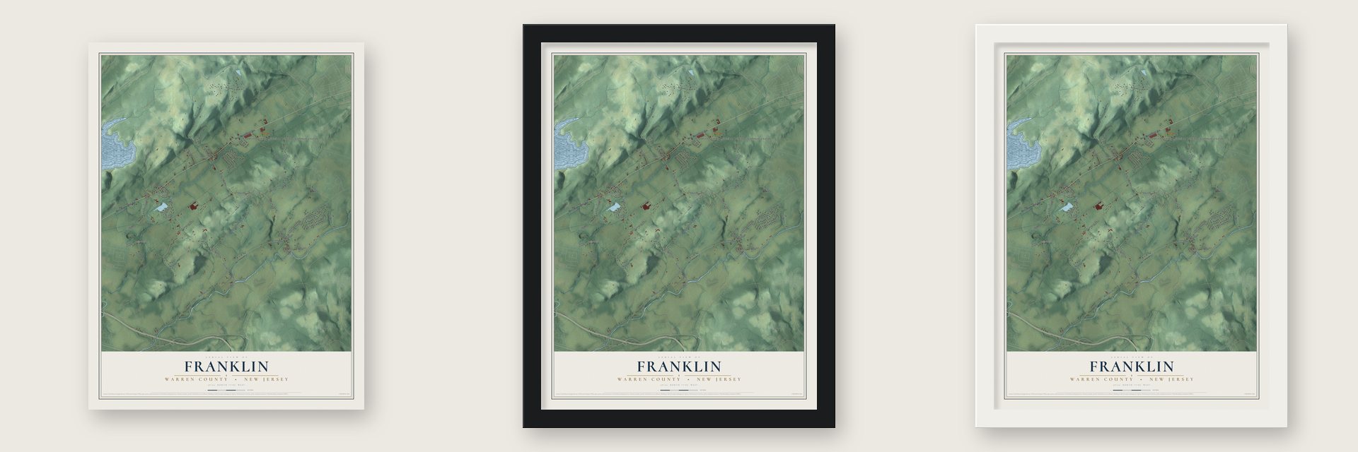 Franklin, Warren County, New Jersey map unframed, in a black wood frame and in a white wood frame