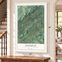 Franklin, Warren County, New Jersey map, 24 x 36 inch print in a white frame by a staircase
