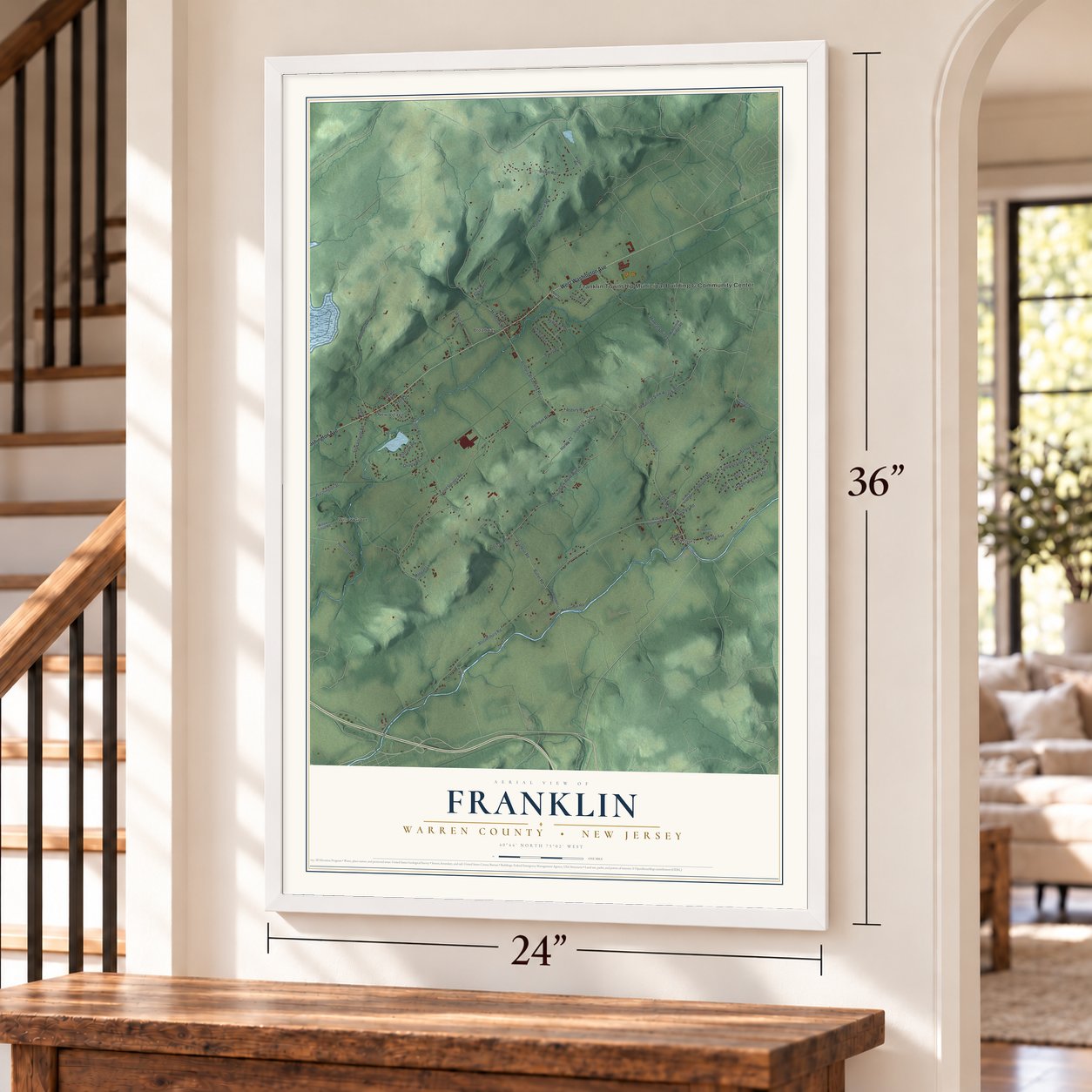 Franklin, Warren County, New Jersey map, 24 x 36 inch print in a white frame by a staircase