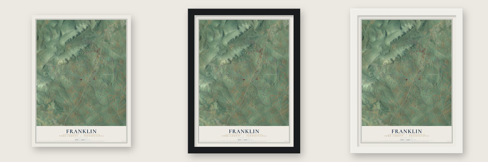 Franklin, York County, Pennsylvania map unframed, in a black wood frame and in a white wood frame