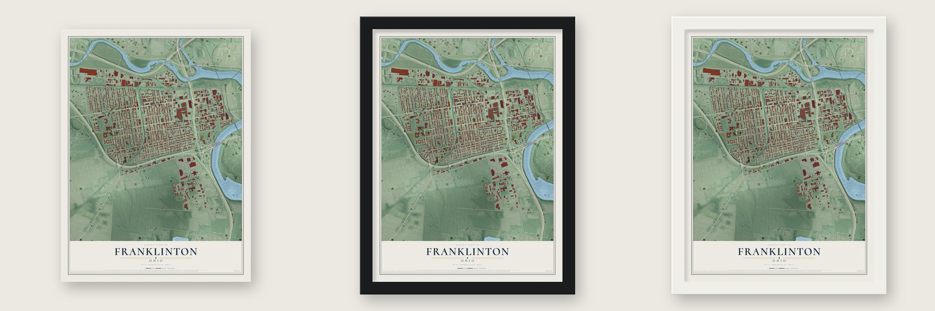 Franklinton, Ohio map unframed, in a black wood frame and in a white wood frame