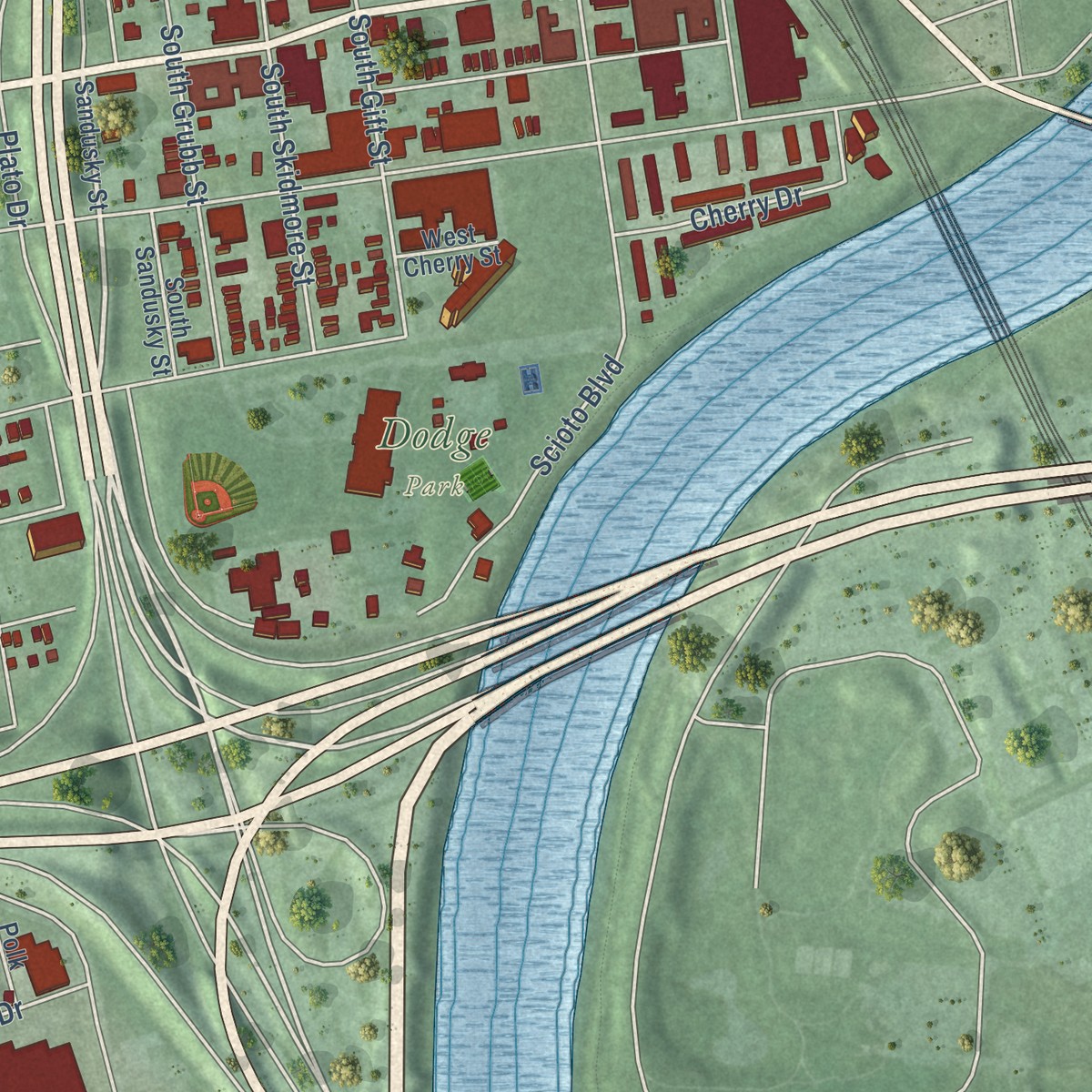 Second close-up of the map of Franklinton, Ohio print showing more streets and buildings