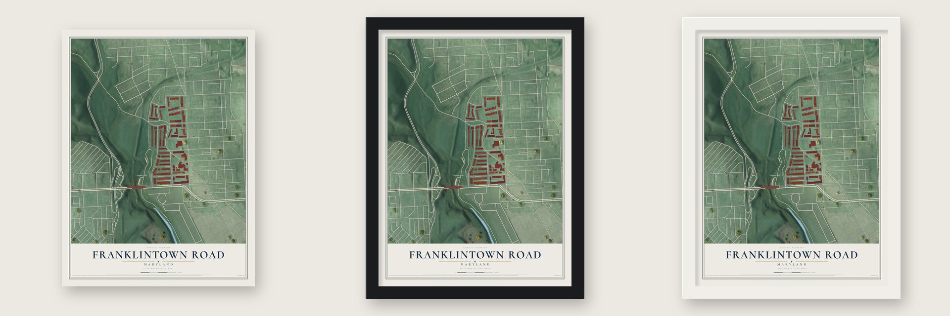 Franklintown Road, Maryland map unframed, in a black wood frame and in a white wood frame