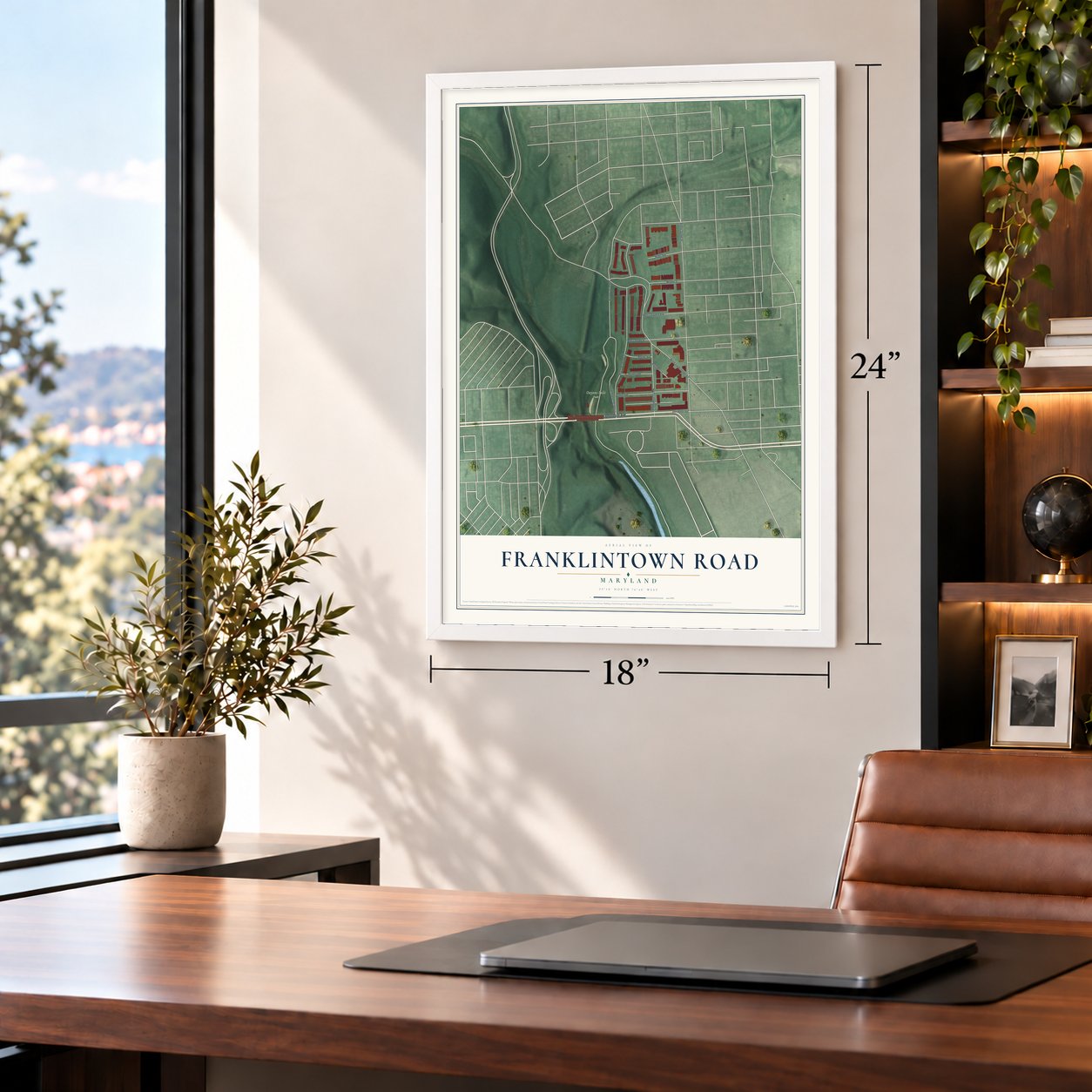 Franklintown Road, Maryland map, 18 x 24 inch print in a white frame in a home office