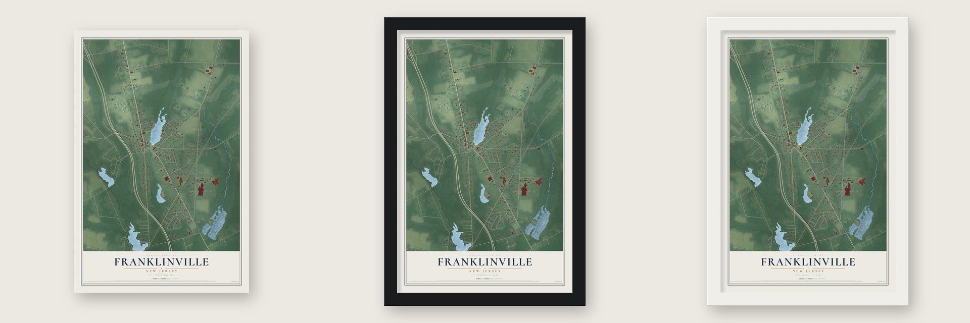 Franklinville, New Jersey map unframed, in a black wood frame and in a white wood frame