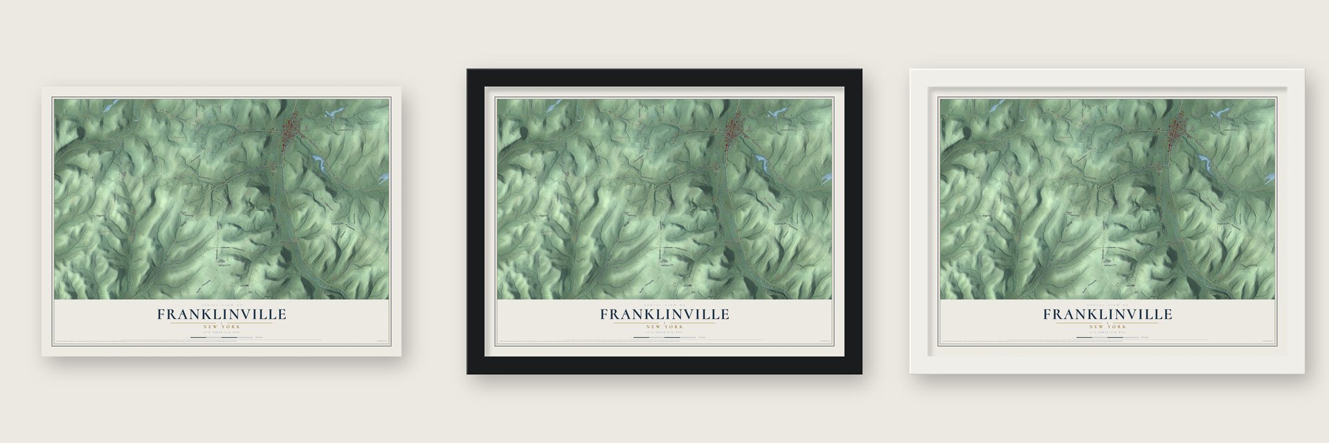 Franklinville, New York map unframed, in a black wood frame and in a white wood frame