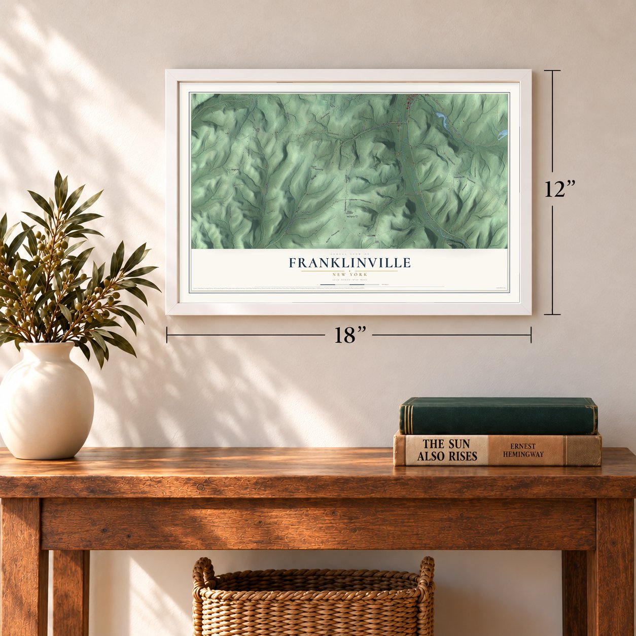 Franklinville, New York map, 12 x 18 inch print in a white frame in an entryway