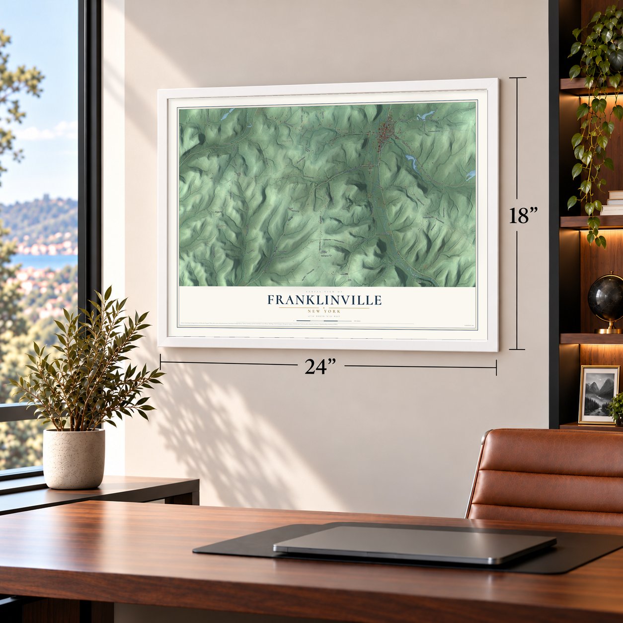 Franklinville, New York map, 18 x 24 inch print in a white frame in a home office