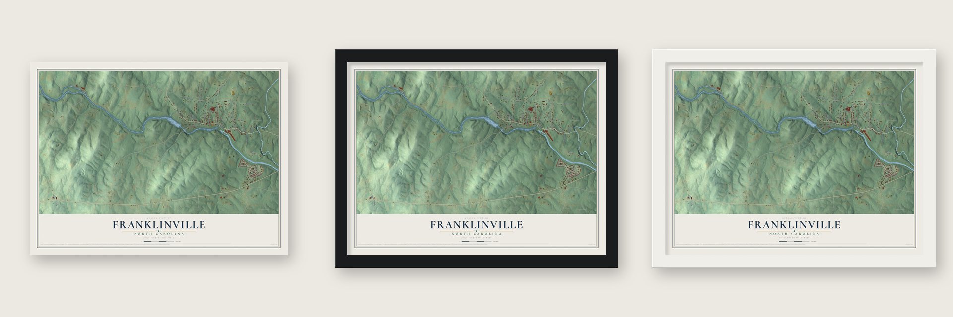 Franklinville, North Carolina map unframed, in a black wood frame and in a white wood frame