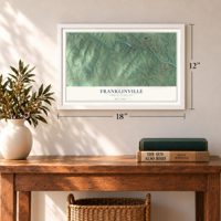 Franklinville, North Carolina map, 12 x 18 inch print in a white frame in an entryway