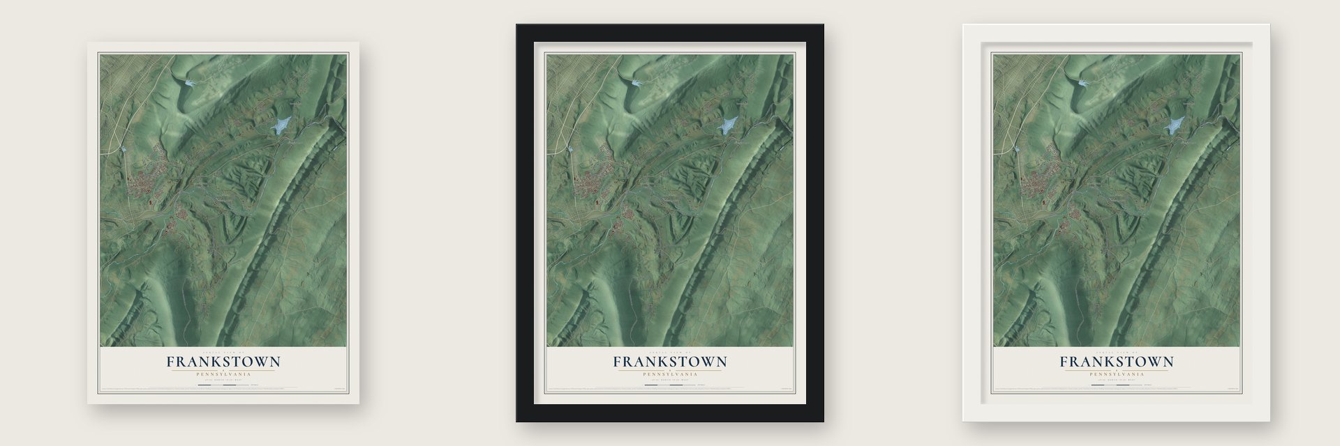 Frankstown, Pennsylvania map unframed, in a black wood frame and in a white wood frame