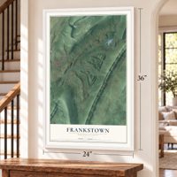 Frankstown, Pennsylvania map, 24 x 36 inch print in a white frame by a staircase