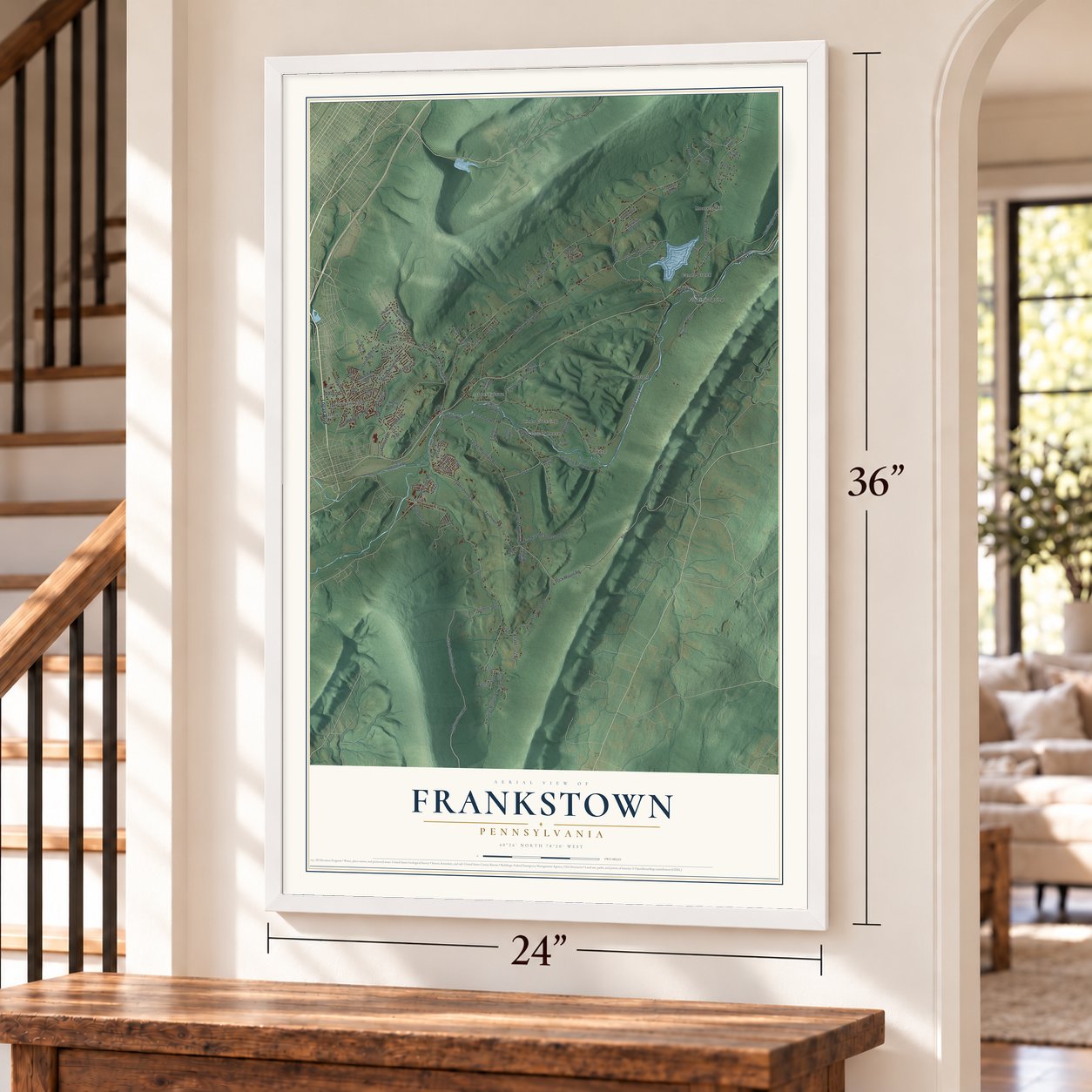Frankstown, Pennsylvania map, 24 x 36 inch print in a white frame by a staircase