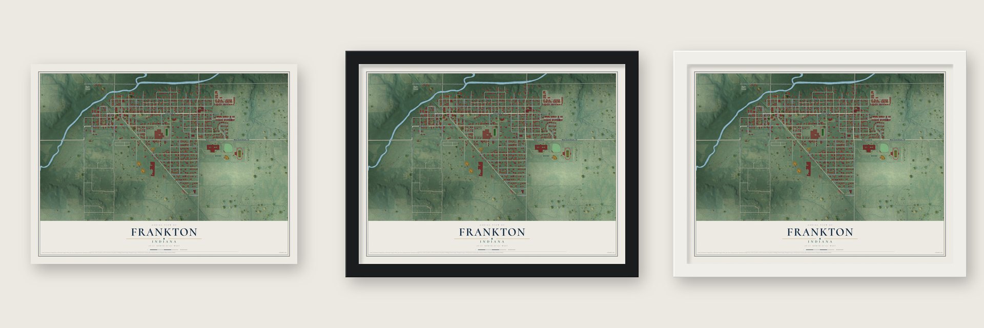 Frankton, Indiana map unframed, in a black wood frame and in a white wood frame