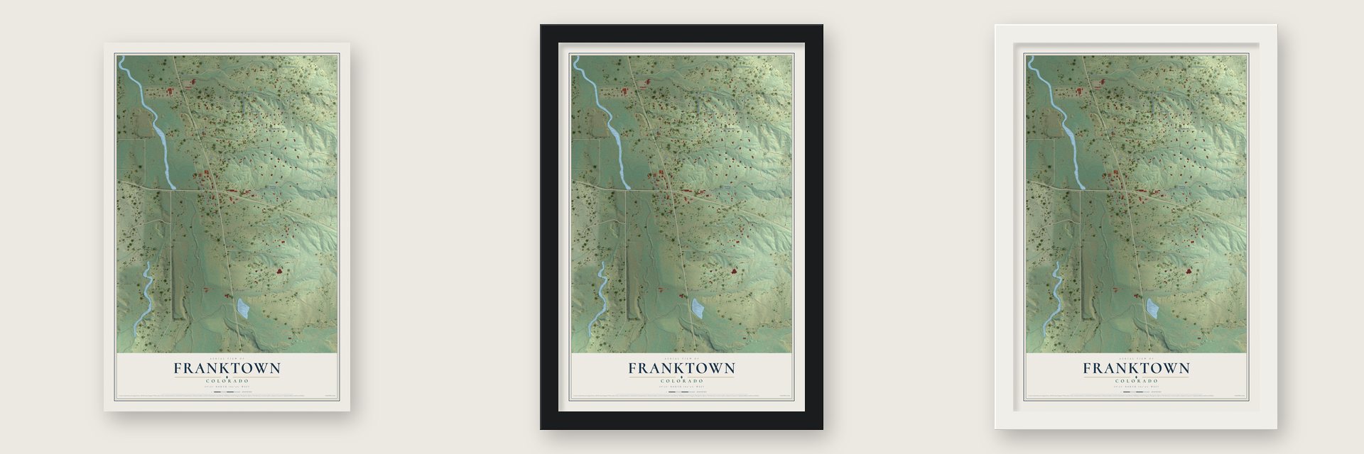 Franktown, Colorado map unframed, in a black wood frame and in a white wood frame