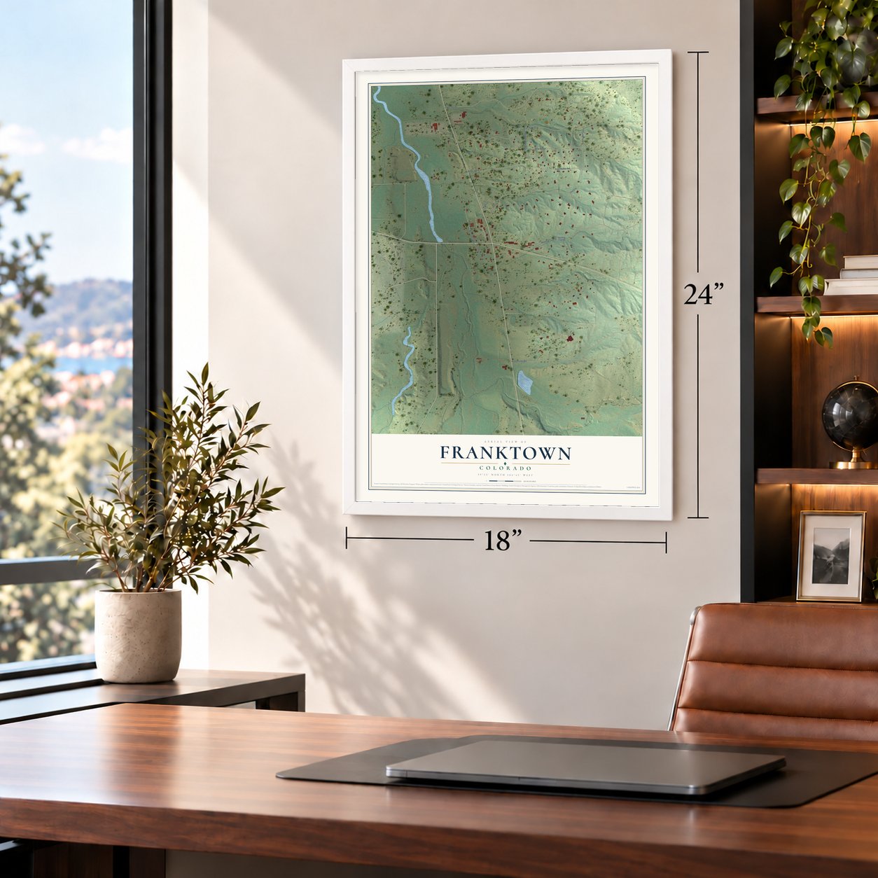 Franktown, Colorado map, 18 x 24 inch print in a white frame in a home office