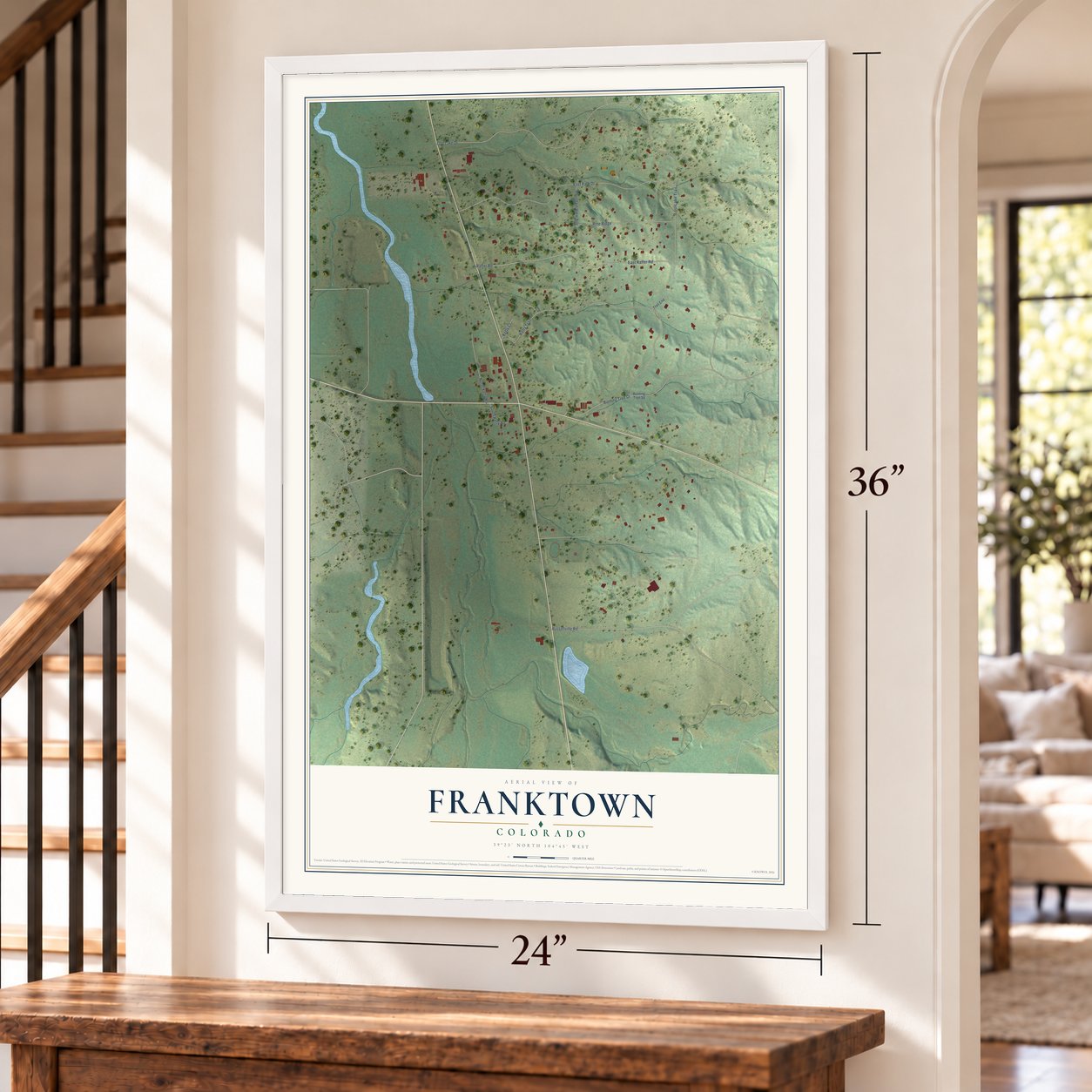 Franktown, Colorado map, 24 x 36 inch print in a white frame by a staircase
