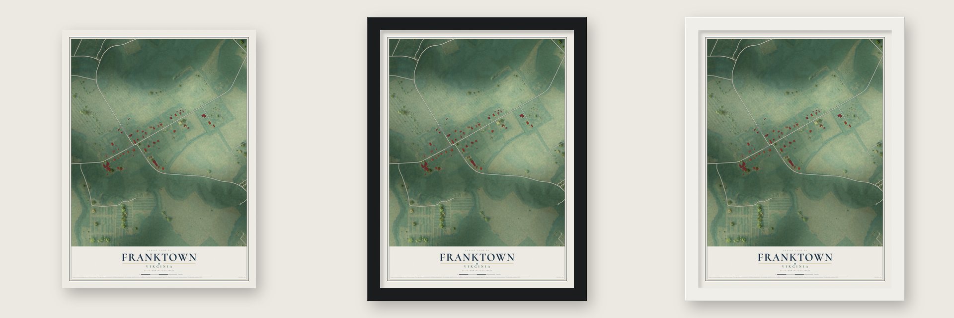 Franktown, Virginia map unframed, in a black wood frame and in a white wood frame
