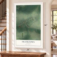 Franktown, Virginia map, 24 x 36 inch print in a white frame by a staircase