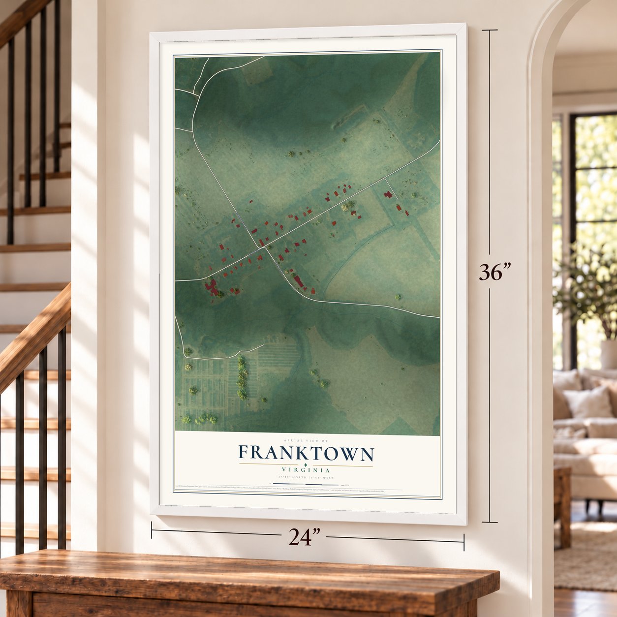 Franktown, Virginia map, 24 x 36 inch print in a white frame by a staircase
